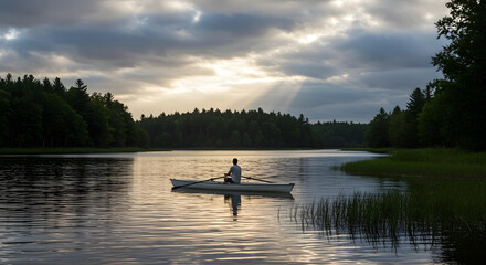 Man rowing boat on lake with forest background under cloudy sky and sun rays.
