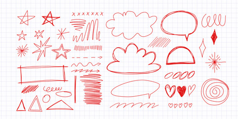 Scribble red pen marks and doodle lines set. Hand-drawn sketchy strokes, messy squiggles, arrows, underlines, and ink scribbles. Abstract texture elements for design journal decor, scrapbooking