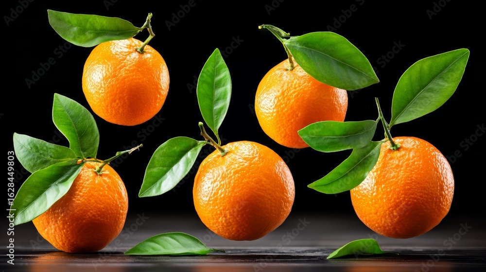 Poster Group of oranges with green leaves are floating in the air. The oranges are in different positions