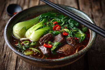 Beef noodle soup with bok choy and vibrant red chili peppers in a rustic bowl.
