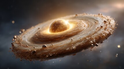 Large, rocky planet with a bright yellow object in the center. The planet is surrounded by a lot of debris