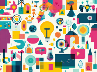 A vibrant collage of colorful icons representing science, innovation, and modern technology.