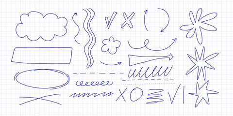 Scribble pen marks and doodle lines set. Hand-drawn sketchy strokes, messy squiggles, arrows, underlines, and ink scribbles. Abstract texture elements for design journal decor, scrapbooking