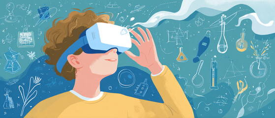 Illustration of a person using a virtual reality headset surrounded by science and education-related elements.

