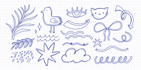 Scribble pen marks and doodle lines set. Hand-drawn sketchy strokes, messy squiggles, arrows, underlines, and ink scribbles. Abstract texture elements for design journal decor, scrapbooking