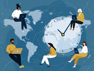 Illustration of remote workers using laptops across different time zones on a world map with a large clock in the background.

