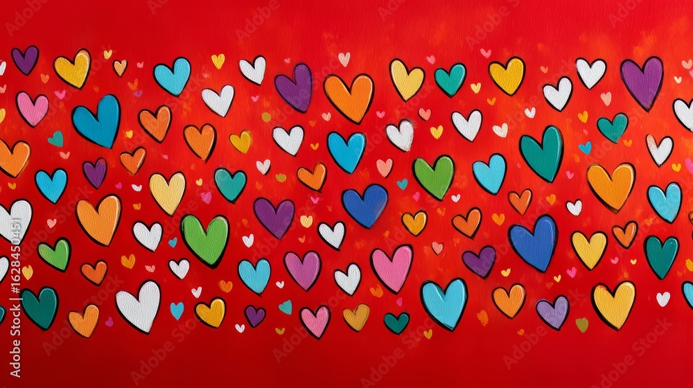 Poster red background with a row of colorful hearts. the hearts are of different colors and sizes. concept 