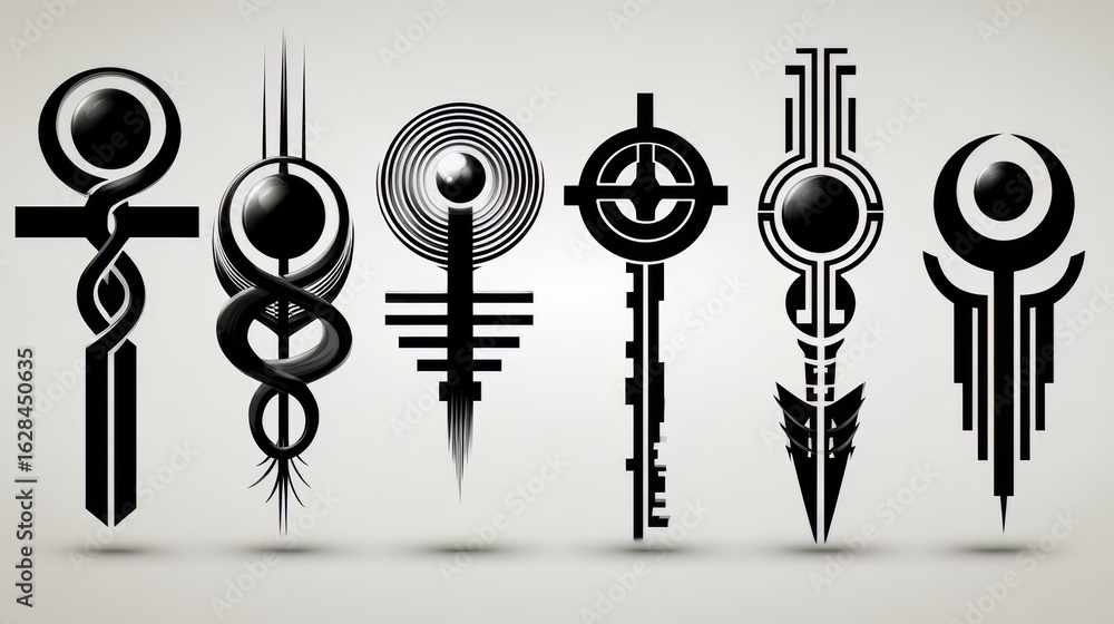 Poster set of six black and white symbols with a variety of shapes and sizes. the symbols are arranged in a