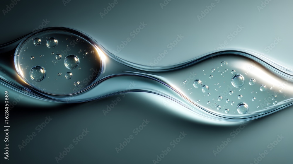 Poster silver object with a blue background and a lot of small bubbles. the bubbles are scattered all over 