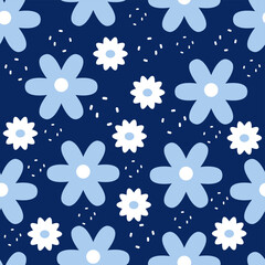 Seamless floral pattern with light blue and white daisy flowers on navy background. Cute, minimal retro flower design perfect for fabric, wrapping paper, spring decor, or digital use.