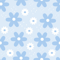 Seamless floral pattern with white and pastel blue daisies on a light blue background. Soft, cute design perfect for kids’ decor, fabric, spring themes, stationery, and digital projects.