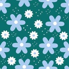 Seamless floral pattern with white and blue daisies on a dark teal background. Bold, modern flower design ideal for fabric, stationery, digital prints, and nature-inspired spring projects.