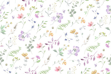 Seamless watercolor pattern with painted flowers, eucalypt leaves, wildflowers, herbs. Hand drawn floral illustration. Vector EPS.
