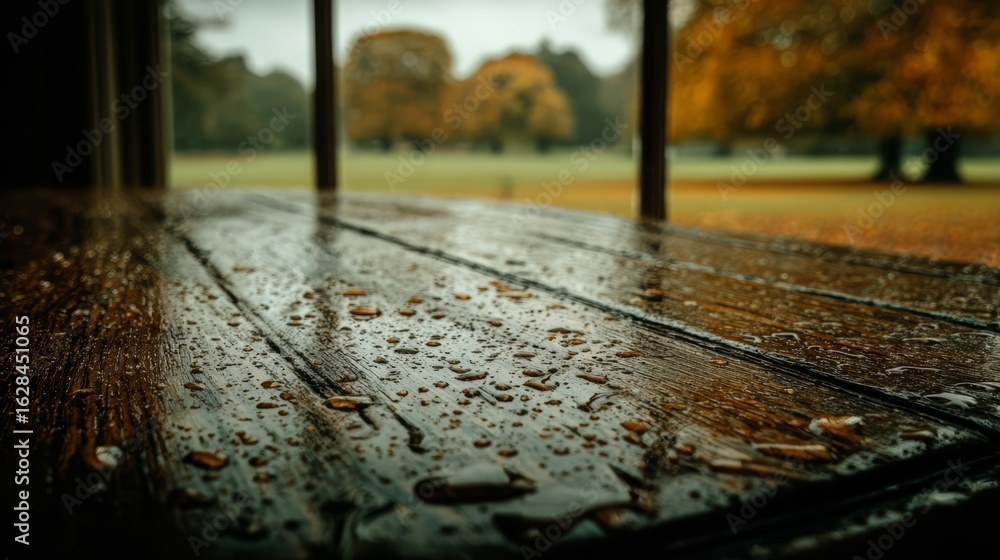 Poster wooden table with raindrops on it. the table is in a park with trees in the background