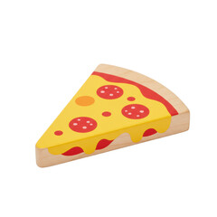 Triangular wooden children's play pizza slice with painted red sauce, yellow cheese, and brown pepperoni, centered on a seamless transparent background with even, diffused studio lighting from a high