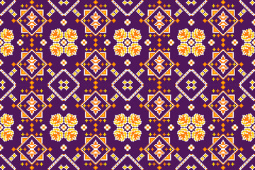 thai art pattern seamless traditional pixel-style textile pattern with diamond and floral motifs in orange, yellow, and white on a dark purple background. The symmetrical mosaic layout blends cultural