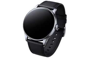Elegant Round Smartwatch with Black Leather Strap and Polished Silver Bezel, Showcasing a Sleek, Modern Design