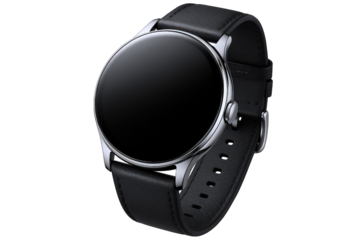 Elegant Round Smartwatch with Black Leather Strap and Polished Silver Bezel, Showcasing a Sleek, Modern Design