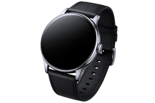 Elegant Round Smartwatch with Black Leather Strap and Polished Silver Bezel, Showcasing a Sleek, Modern Design
