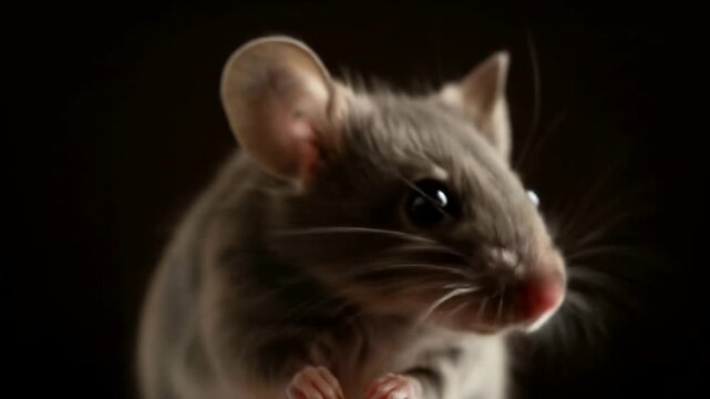 Curious little mouse peering intently with large sensitive ears and delicate whiskers in a dark, intimate setting