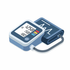 A digital blood pressure monitor with a cuff and display showing readings, indicating health monitoring.