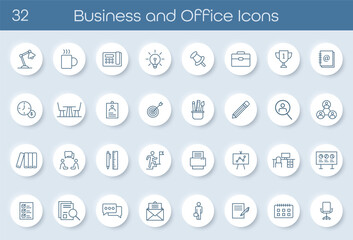 Line icons set showing business and office essentials. Includes icons of workspace, documents, coffee, communication, goals, teamwork, and supplies. Great for presentations, apps, and web design.