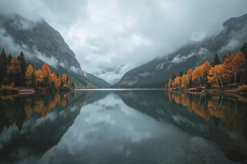 Misty Mountain Lake with Vibrant Autumn Trees and Reflective Water fall