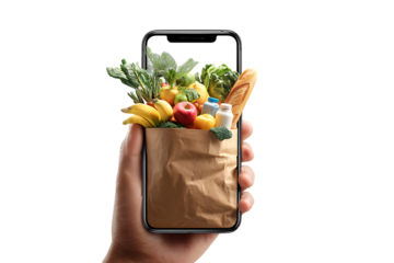 Hand holding phone showing groceries in a paper bag. Online food delivery concept.