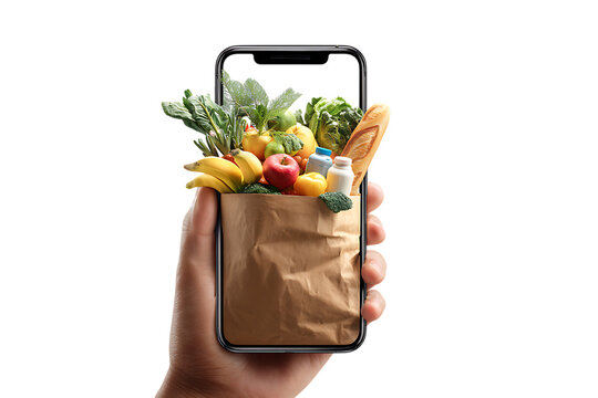 Hand holding phone showing groceries in a paper bag. Online food delivery concept.