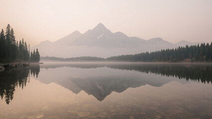 Obraz premium Misty Mountain Peaks Reflected in a Calm Lake at Dawn mountains reflection