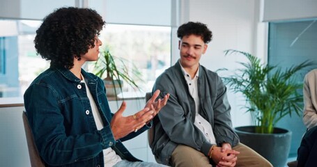 Man, talking and group of people at therapy for counseling, sharing story and addiction recovery. Male person, discussion and community, support and awareness for mental health at psychology session