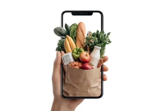 Smartphone screen displaying groceries in a paper bag.  Concept of online food delivery, shopping apps, and convenience.