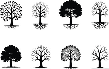 Obraz premium Eight tree silhouettes and outlines trees nature