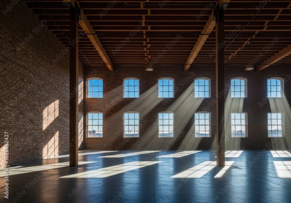 Poster sunlit warehouse loft with exposed brick and timber beams creating unique patterns