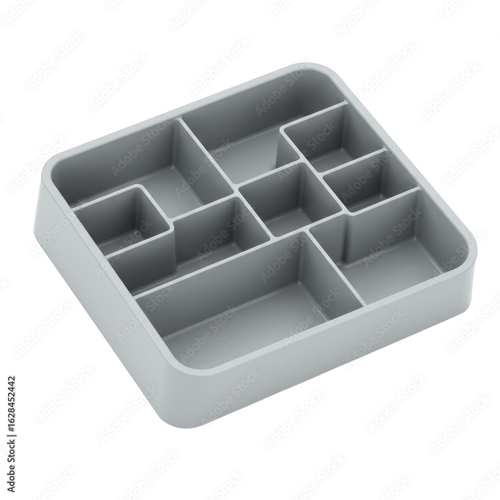 Poster empty, clean, light grey plastic puzzle piece sorting tray with multiple compartments and sharp edge