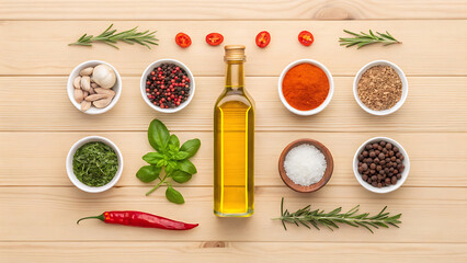 Healthy herbs and spices with fresh green vegetables on a rustic wooden table
