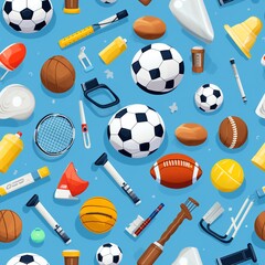 Assorted Sport Equipment Patterned on Light Blue Background