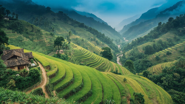 Misty Mountain Valley with Expansive Green Rice Terraces and Traditional Houses agriculture