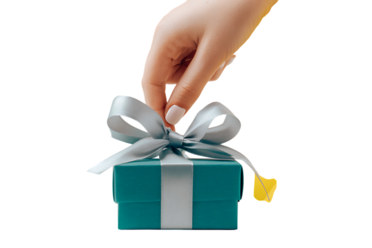 Hand opening a teal gift box with a silver ribbon.