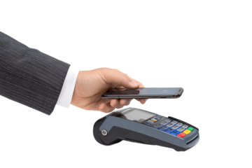 Hand using smartphone for contactless payment.