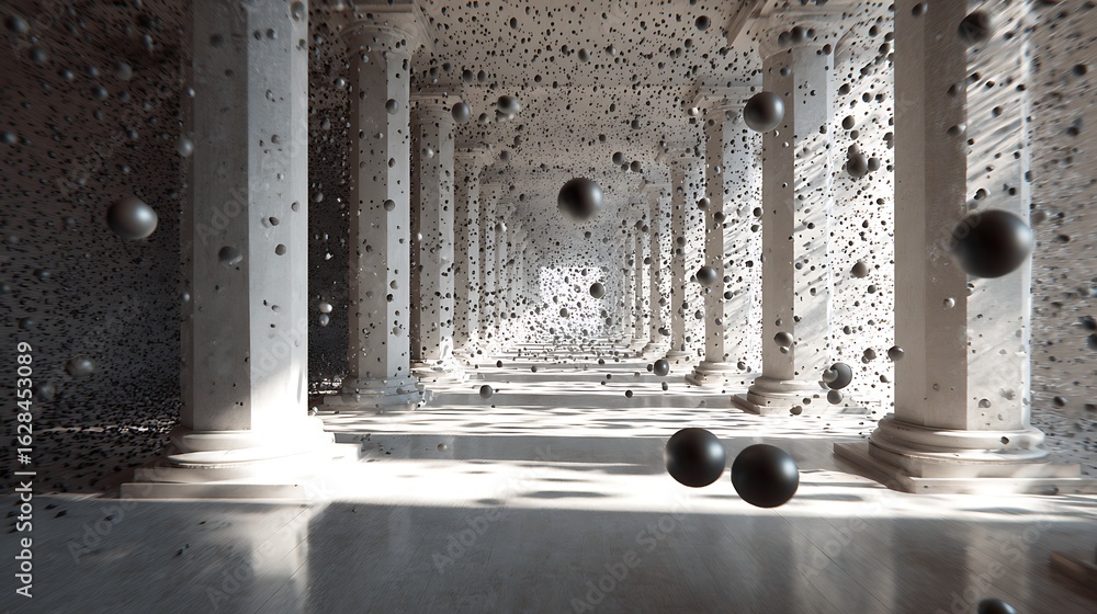 Poster surreal hallway with floating spheres, a dreamlike perspective of ancient architecture and classic d