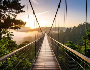 Obraz premium Sunrise over a suspension bridge in a forest