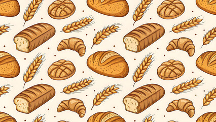 Seamless pattern of various bakery foods, including croissants, buns, and cookies, on a white background
