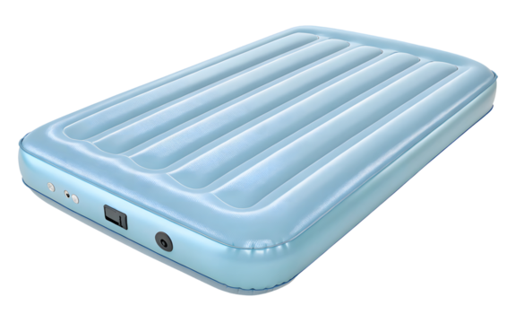 Light blue rubber inflatable beach mattress top view isolated on white or transparent png background
