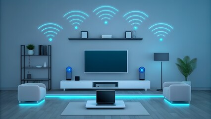 Living room with glowing wifi signals and modern furniture technology
