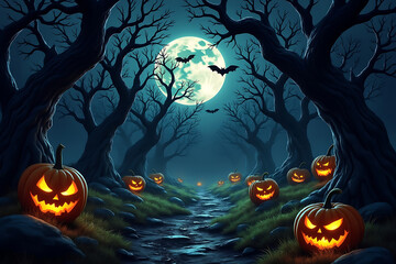 Fototapeta premium Eerie Moonlight Forest with Jack-o'-Lanterns and Bats Dark Night Scene with Glowing Pumpkins and Bare Trees Mysterious Atmosphere