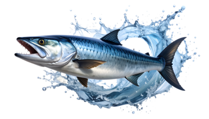 Atlantic Spanish Mackerel Amidst a Splash: A vibrant Atlantic Spanish mackerel leaps from the water, showcased against a backdrop of a refreshing water splash in a photorealistic display.