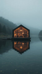 Fototapeta premium Modern Cabin Retreat Surrounded by Serene Nature and Water