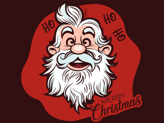 Poster with cute smiling Santa face. Christmas card with Santa Claus face. Holiday greeting card with Santa. Cheerful holiday design with Santa Claus head. Merry Christmas character banner. Clipart