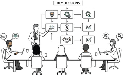 Vector art of a business meeting, where a team collaborates strategy, planning, and decisionmaking, using charts and diagrams to analyze data